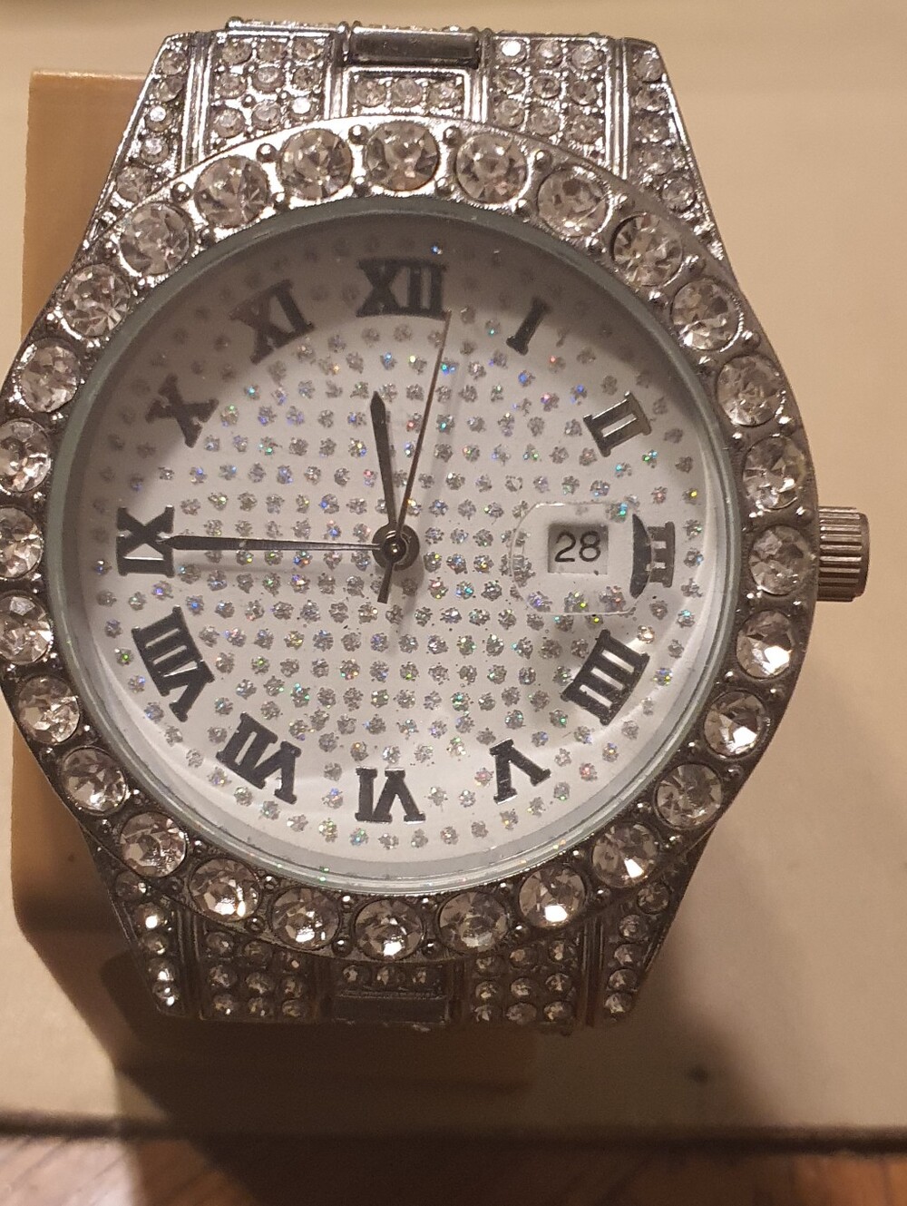 10/$20 Silver/White Rhinestone Stainless Steel Bling Men's Watch w/Date